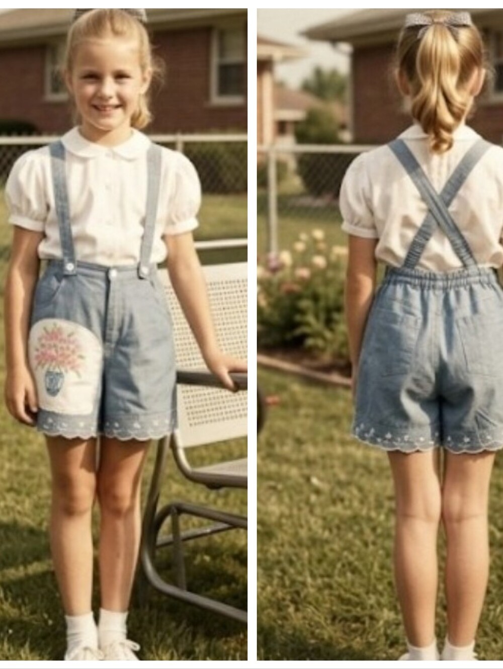 Vtg 50s Chambray Shorts With Straps Girl M Upcycled Vtg Embroidery